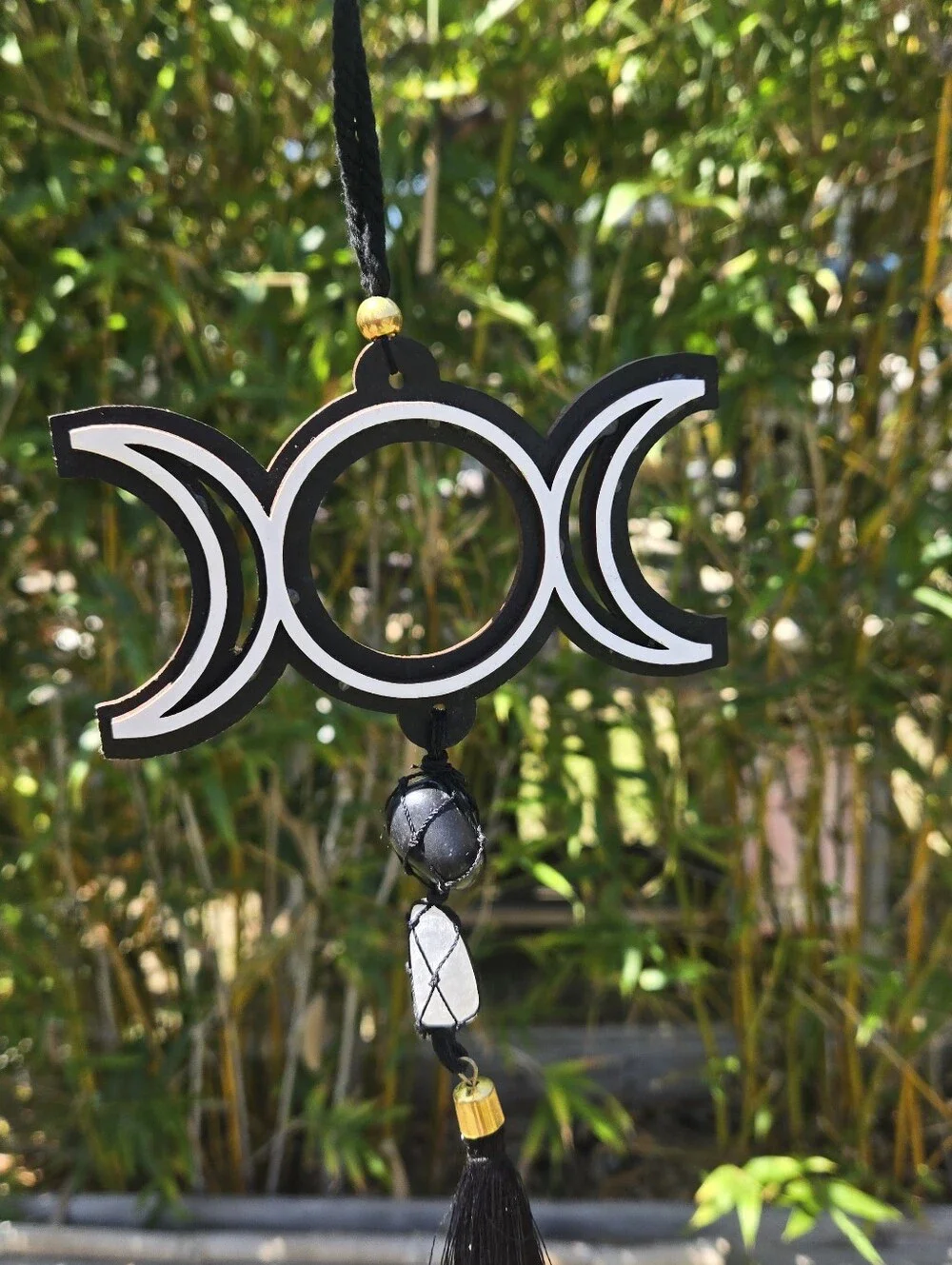 Triple Moon Wall Hanging in Black and White with Gold Accents